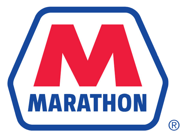 Marathon logo featuring a bold red M and the company name beneath in blue text.