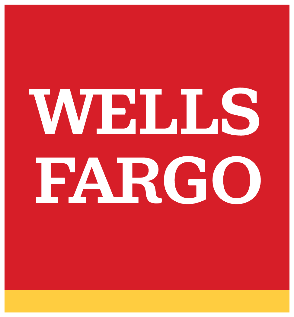 Wells Fargo logo with red background and yellow stripe at the bottom.